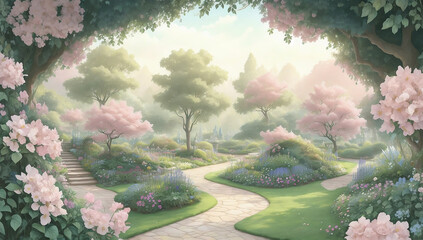 A whimsical wallpaper featuring a garden pathway - AI Generative