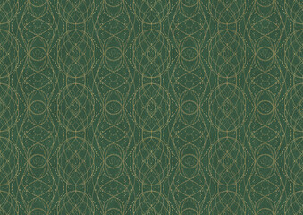 Hand-drawn unique abstract symmetrical seamless gold ornament of golden glitter on a warm green background. Paper texture. Digital artwork, A4. (pattern: p10-2c)