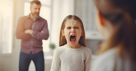 Parental Quarrel. Arab Man And Woman Arguing In Front Of Their Child, Upset Little Girl Stressed Female Kid Sitting Between Shouting Parents - obrazy, fototapety, plakaty