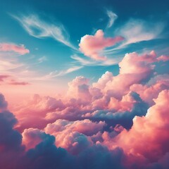 Beautiful background image of a romantic blue sky with soft fluffy pink clouds. Panoramic natural view of a dreamy sky.