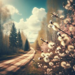 Defocused spring landscape. Beautiful nature with flowering willow branches and forest road against blue sky with clouds, soft focus. Ultra wide format.