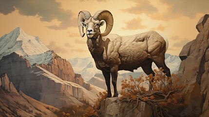  a painting of a ram standing on top of a mountain.  generative ai - obrazy, fototapety, plakaty