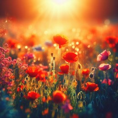 Colorful spring summer landscape with red poppy flowers in meadow in nature glow in sun. Selective focus, shallow depth of field.