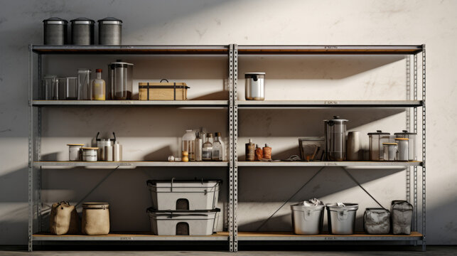 An empty, metal shelf, with a few empty storage containers on top, and a few random objects scattered around