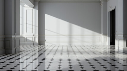 An empty hallway with grey walls and a tiled floor