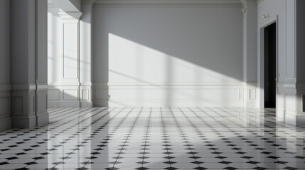 Fototapeta premium An empty hallway with grey walls and a tiled floor