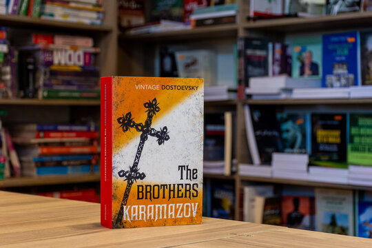 Close up Fyodor Dostoyevsky's The Brothers Karamazov novel in the bookstore.