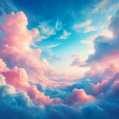 Beautiful background image of a romantic blue sky with soft fluffy pink clouds. Panoramic natural view of a dreamy sky.