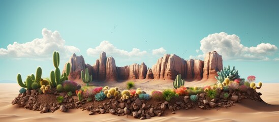 Realistic illustration of a desert landscape with cacti isolated dunes and vibrant colors - obrazy, fototapety, plakaty