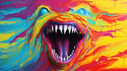 The multicolored creepy grimace of a monster. Artistic image of a scary character. A scary drawn character for a horror story. - obrazy, fototapety, plakaty