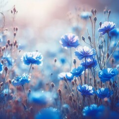 Beautiful blue wildflowers in nature outdoors with soft focus and bokeh. Floral summer spring background