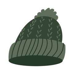 Knitted hat, head wear, clothes. Knitwear, headwear for winter, autumn season. Childs headdress. Flat vector illustration isolated on white background