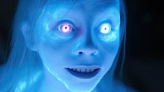 Creepy fluorescent face. A terrifying image from the afterlife. The concept of horror and fear.
