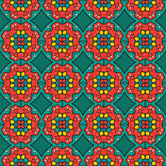 Seamless pattern with red and green ornament. Vector illustration