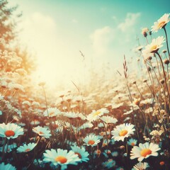 Beautiful blurred spring floral background nature with blooming glade of daisies and blue sky on sunny day - obrazy, fototapety, plakaty