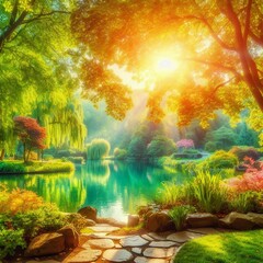 Fototapeta na wymiar Beautiful colorful summer spring natural landscape with a lake in Park surrounded by green foliage of trees in sunlight and stone path in foreground.