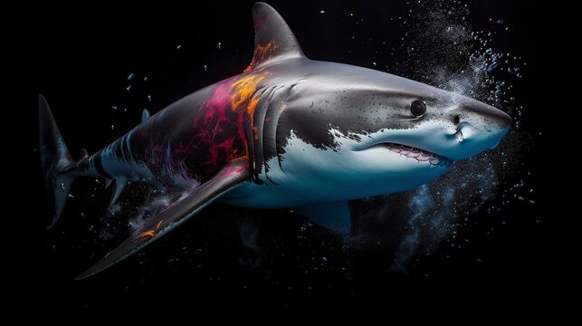 illustration, shark with vibrant color splashes