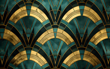 Geometric Arcs and Metallic Accents Background, geometric pattern in a palette of teal and gold, this Art Deco