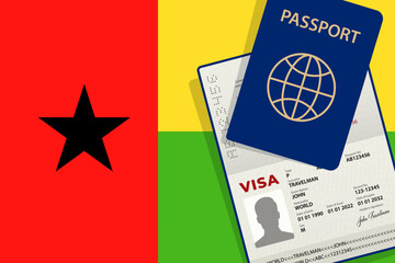 Visa to Guinea-Bissau and Passport. Guinea-Bissau Flag Background. Vector illustration