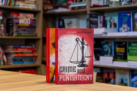 Close-up of Fyodor Dostoyevsky's Crime and Punishment novel in the bookstore.