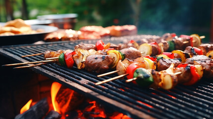 Naklejka premium BBQ food party summer grilling meat in the afternoon of weekend happy party