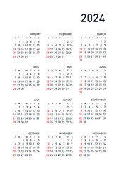 Vector calendar 2024 year. Week starts from Sunday