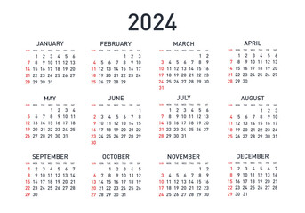 Vector calendar 2024 year. Week starts from Sunday