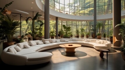 Hotel lobby interior with long sofas, Huge gathering space, High ceiling, Round windows, Round construction, Modern style.