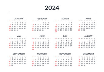 Vector calendar 2024 year. Week starts from Sunday