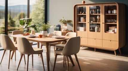 Interior design of a modern Scandinavian dining room with a cupboard.
