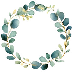 Watercolor Eucalyptus wreath leaves and branche frame, for wedding stationary, greetings, wallpapers, fashion, background. Eucalyptus, olive, green leaves elegant isolated transparent background, PNG. - obrazy, fototapety, plakaty