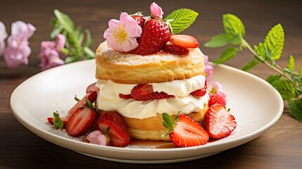  a stack of strawberry shortcakes with whipped cream and fresh strawberries.  generative ai