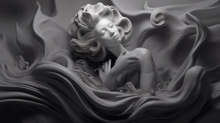 Composition of gray marble. Beautiful girl sleeps on a wavy background. Illustration for cover, card, postcard, interior design, decor or print.