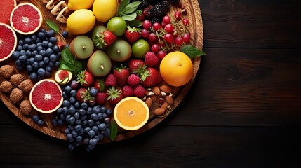  a wooden plate topped with lots of different fruits and vegetables.  generative ai