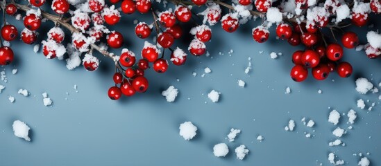 Winter themed flat lay with a pattern of snowflakes and red berries against a blue background