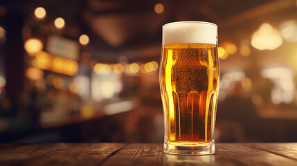 Cold beer pour in glass from crane in pub background