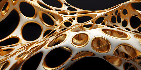A gold and white abstract design with many holes. The design is very intricate and has a lot of detail