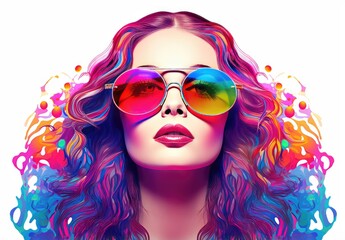 Fototapeta premium Beautiful young woman in sunglasses. Fashionable image of the model. The female image is drawn. Illustration for poster, cover, brochure, card, postcard, interior design or print.