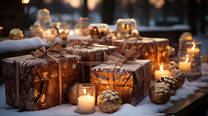 Colourful Christmas presents in a winter landscape with bokeh lighting.