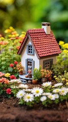 Fototapeta na wymiar illustration cartoon, cute miniature house with a garden full of flowers