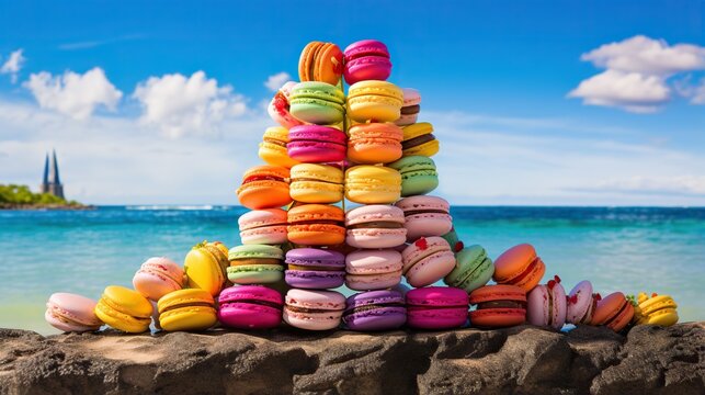  a pile of colorful macaroons sitting on top of a rock.  generative ai