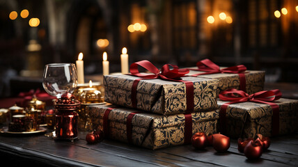 Obraz na płótnie Canvas Christmas presents on a wooden surface with bokeh lighting in the background.