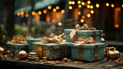 Christmas presents on a wooden surface with bokeh lighting in the background. - obrazy, fototapety, plakaty