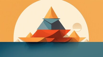 Abstract background with mountain against sea and sunset sun. Digital art with origami or applique style. Illustration for cover, card, postcard, interior design, decor or print.