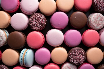 Colorful french macarons. Pink bakery box. Generate Ai