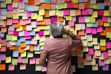 Dementia and Alzheimer's Clues : Elderly Person Looking at a Bunch of Post-Its Notes - obrazy, fototapety, plakaty