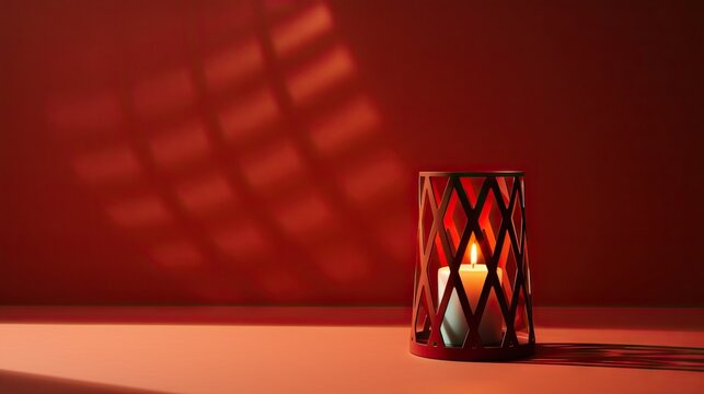  a red candle is lit in a red vase with a shadow on the wall.  generative ai