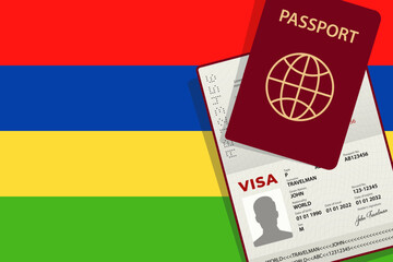 Visa to Mauritius and Passport. Mauritian Flag Background. Vector illustration