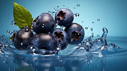  a bunch of blueberries are in the water with a green leaf.  generative ai