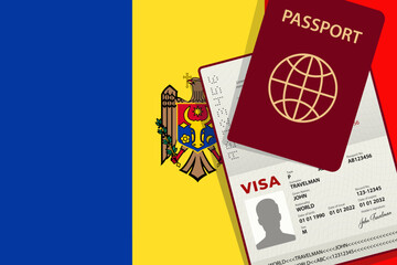 Visa to Moldova and Passport. Moldavian Flag Background. Vector illustration